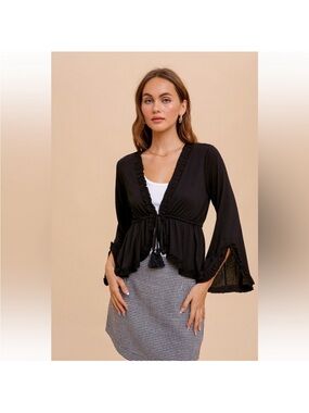 Hem & Thread Black Ruffle Tie-Front Cardigan